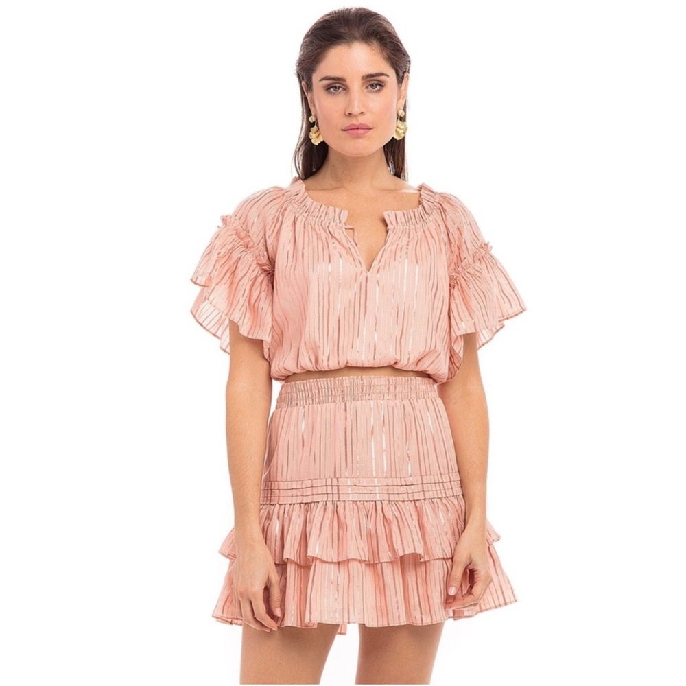 Anna Cate Kendall Smocked Ruffle Pleaded Tie Neck Metallic Mini Dress Size M